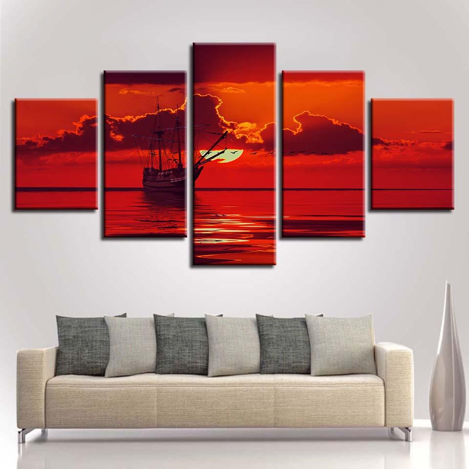 Ship And Red Sun Seascape - Nature 5 Panel Canvas Art Wall Decor Ship And Red Sun Seascape - Nature 5 Panel Canvas Art Wall Decor
