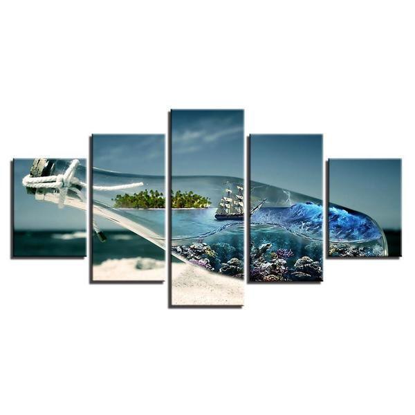 Ship In A Bottle - Abstract 5 Panel Canvas Art Wall Decor Ship In A Bottle - Abstract 5 Panel Canvas Art Wall Decor