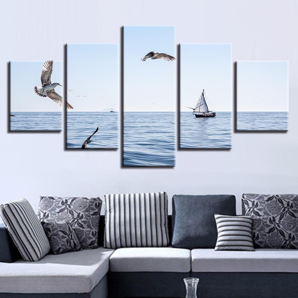 Ship Sailing On The Sea And Seagulls Flying - Space 5 Panel Canvas Art Wall Decor Ship Sailing On The Sea And Seagulls Flying - Space 5 Panel Canvas Art Wall Decor