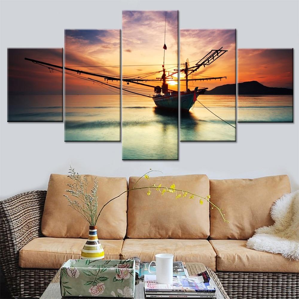 Ship Sunset - Space 5 Panel Canvas Art Wall Decor Ship Sunset - Space 5 Panel Canvas Art Wall Decor