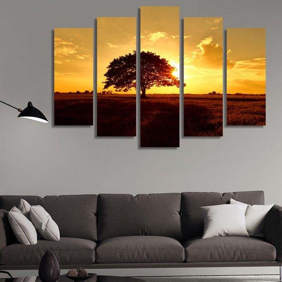 Silhouette Of A Tree In Paddle Field In Thailand - Nature 5 Panel Canvas Art Wall Decor Silhouette Of A Tree In Paddle Field In Thailand - Nature 5 Panel Canvas Art Wall Decor