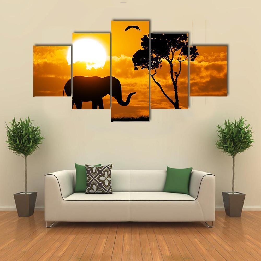 Silhouette Of Elephant - Animal 5 Panel Canvas Art Wall Decor Silhouette Of Elephant - Animal 5 Panel Canvas Art Wall Decor