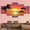 Silhouette Of Two Dolphins Jumping Out Of Water - Animal 5 Panel Canvas Art Wall Decor