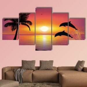 Silhouette Of Two Dolphins Jumping Out Of Water - Animal 5 Panel Canvas Art Wall Decor