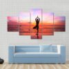Silhouette Woman Yoga Practice At The Seaside At Sunset - Nature 5 Panel Canvas Art Wall Decor