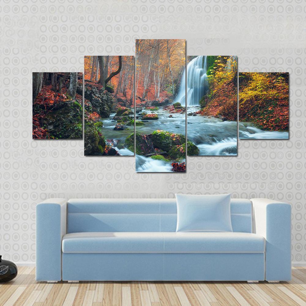 Silver Stream Waterfall In Grand Canyon Of Crimea At Sunset - Nature 5 Panel Canvas Art Wall Decor Silver Stream Waterfall In Grand Canyon Of Crimea At Sunset - Nature 5 Panel Canvas Art Wall Decor