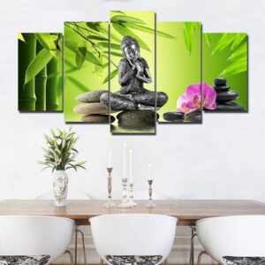 Silver Zen Buddha - Religion 5 Panel Canvas Art Wall Decor