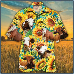 Simmental Cattle Sunflower Watercolor Hawaiian Shirt