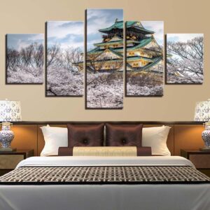 Simple And Elegant Osaka Castle Museum Cherry Blossoms - Nature 5 Panel Canvas Art Wall Decor