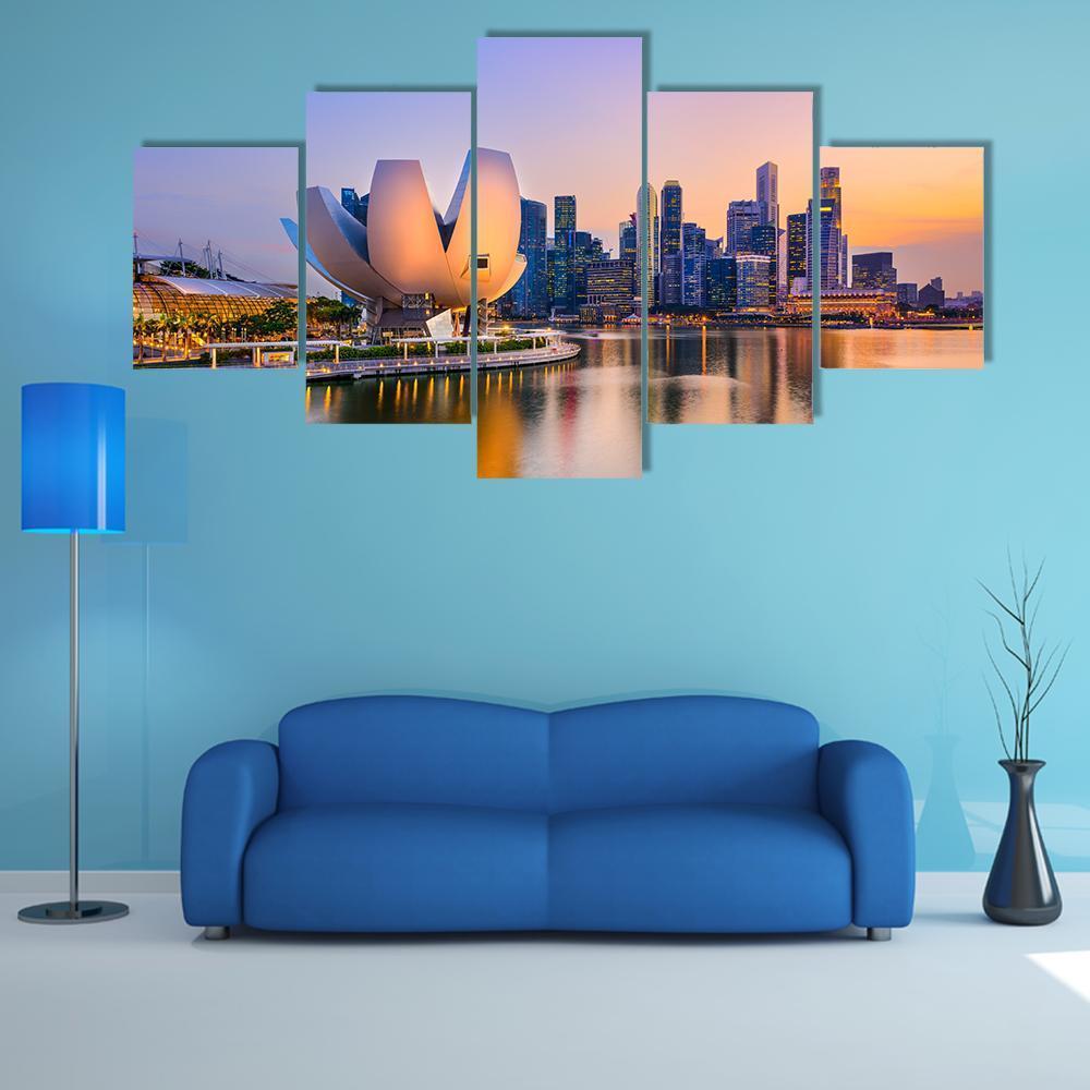 Singapore Skyline At The Marina During Twilight - Nature 5 Panel Canvas Art Wall Decor Singapore Skyline At The Marina During Twilight - Nature 5 Panel Canvas Art Wall Decor