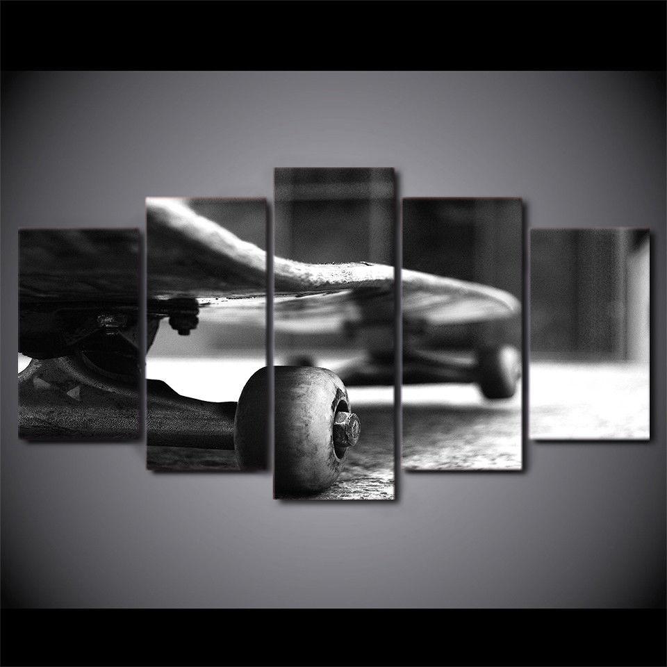 Skateboard Black White Modern - Sport 5 Panel Canvas Art Wall Decor Skateboard Black White Modern - Sport 5 Panel Canvas Art Wall Decor