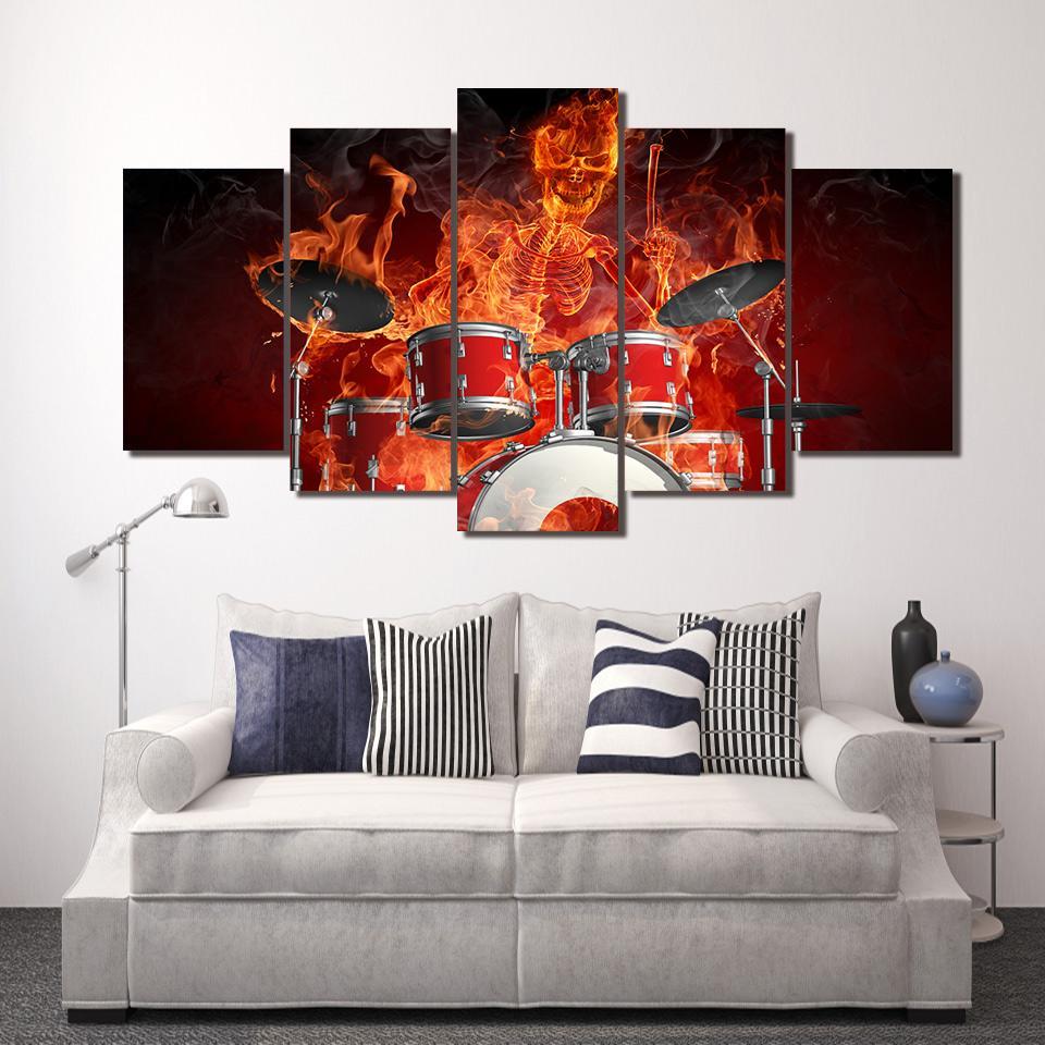 Skeleton Drummer Skull Drums Fire Music Abstract - Music 5 Panel Canvas Art Wall Decor Skeleton Drummer Skull Drums Fire Music Abstract - Music 5 Panel Canvas Art Wall Decor