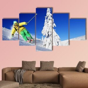 Skier Skiing In High Mountains - Sport 5 Panel Canvas Art Wall Decor
