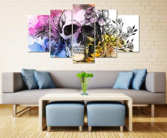 Skull And Flowers 5 - Abstract 5 Panel Canvas Art Wall Decor Skull And Flowers 5 - Abstract 5 Panel Canvas Art Wall Decor