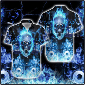 Skull Blue Flame Skeleton Drummer Hawaiian Shirt