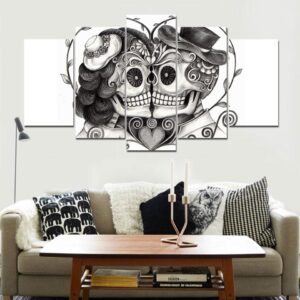 Skull Couple Love - Abstract 5 Panel Canvas Art Wall Decor