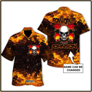 Skull Flame Ironworker Custom Name Hawaiian Shirt