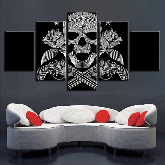 Skull Gun Roses Gun Skulls - Abstract 5 Panel Canvas Art Wall Decor Skull Gun Roses Gun Skulls - Abstract 5 Panel Canvas Art Wall Decor