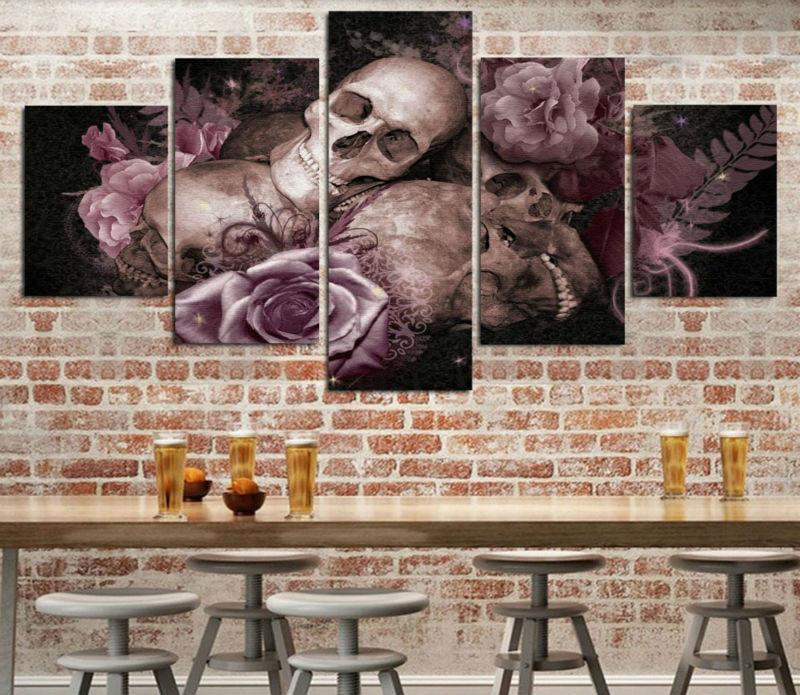 Skull N Roses - Abstract 5 Panel Canvas Art Wall Decor Skull N Roses - Abstract 5 Panel Canvas Art Wall Decor