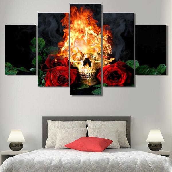Skull On Fire - Abstract 5 Panel Canvas Art Wall Decor Skull On Fire - Abstract 5 Panel Canvas Art Wall Decor