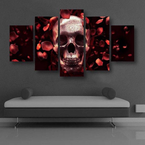 Skull Rose Petals - Abstract 5 Panel Canvas Art Wall Decor Skull Rose Petals - Abstract 5 Panel Canvas Art Wall Decor
