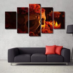 Skull Roses Candles - Movie 5 Panel Canvas Art Wall Decor