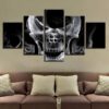 Skull Smoke Smoking Black And White - Abstract 5 Panel Canvas Art Wall Decor
