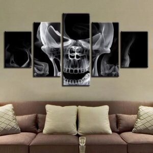 Skull Smoke Smoking Black And White - Abstract 5 Panel Canvas Art Wall Decor