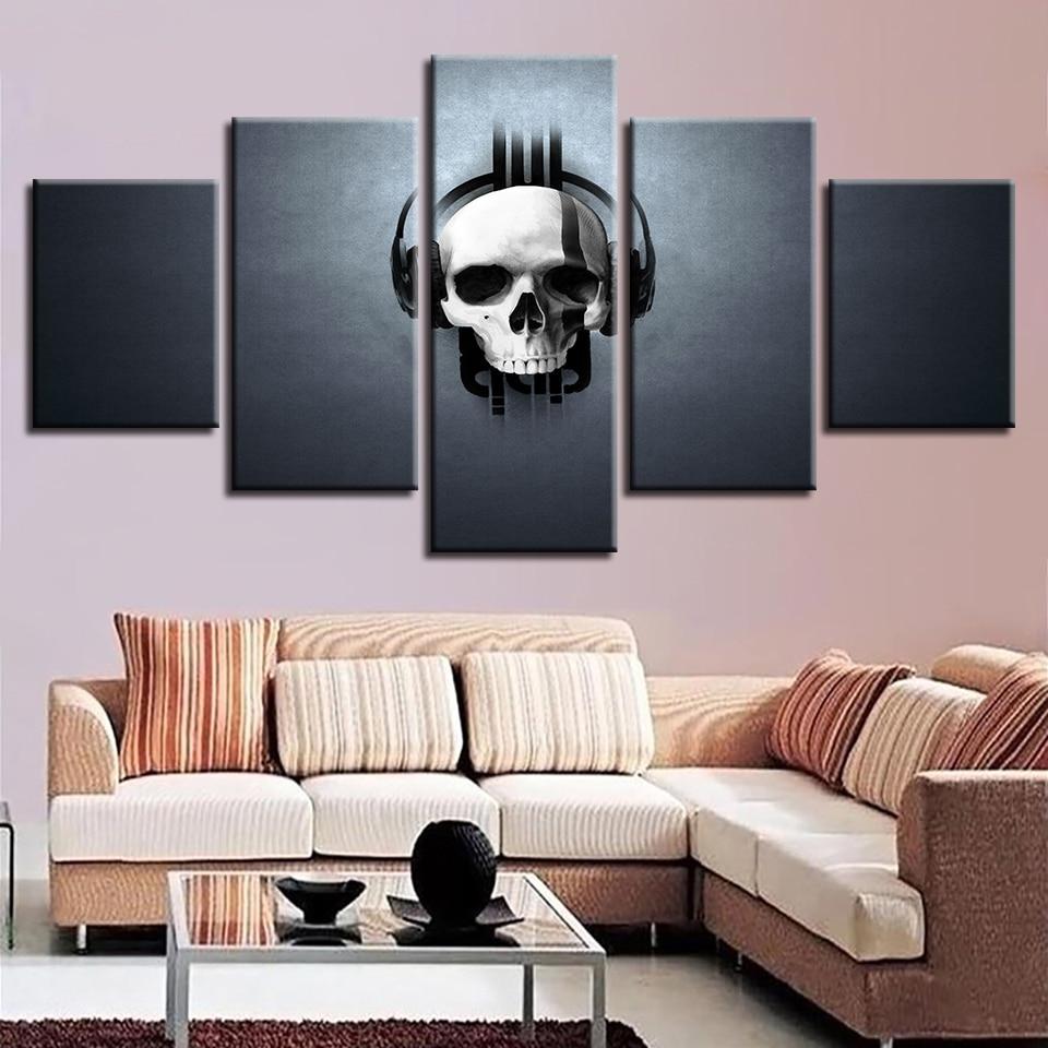 Skull Wearing Headphones - Abstract 5 Panel Canvas Art Wall Decor Skull Wearing Headphones - Abstract 5 Panel Canvas Art Wall Decor