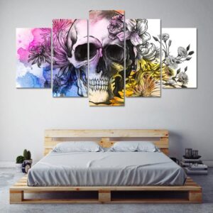 Skull With Flowers 20 - Abstract 5 Panel Canvas Art Wall Decor