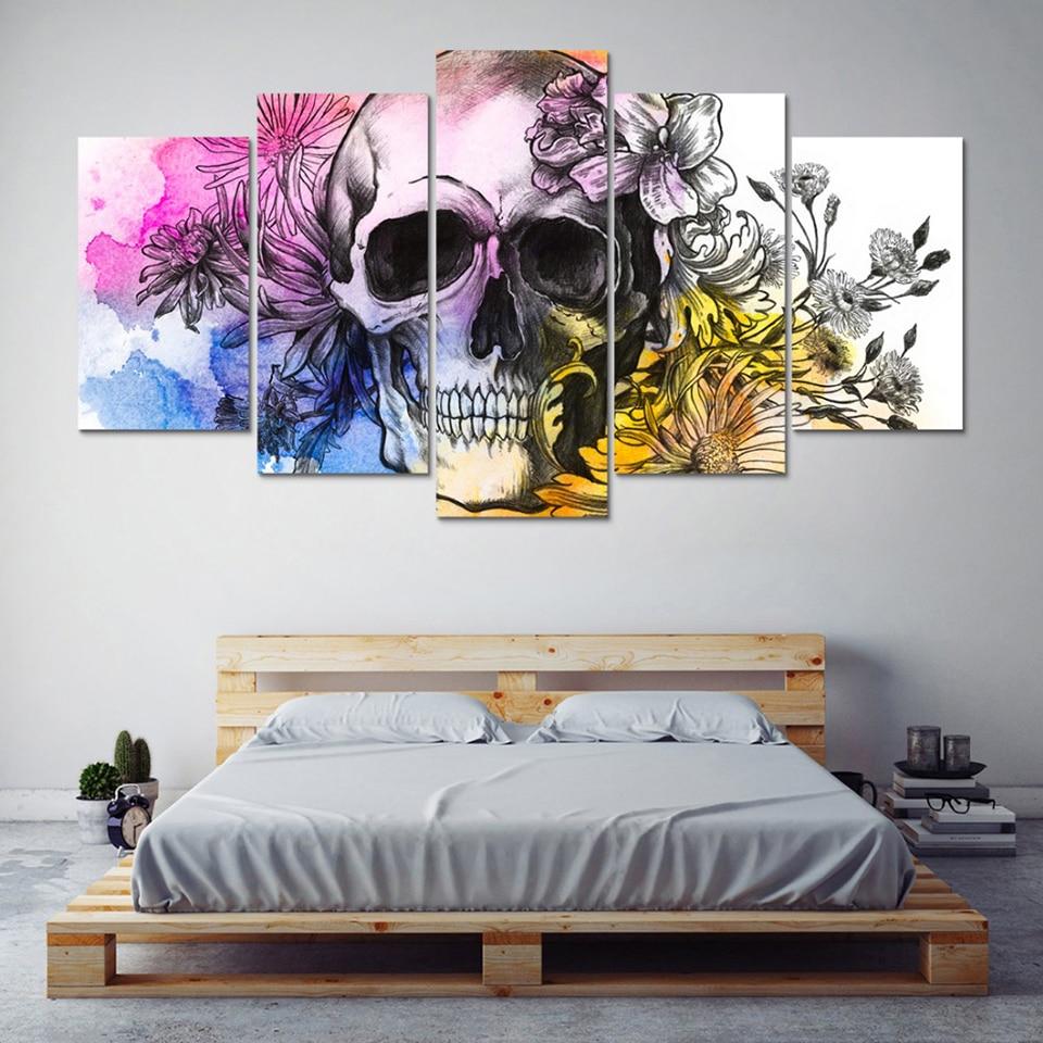 Skull With Flowers 20 - Abstract 5 Panel Canvas Art Wall Decor Skull With Flowers 20 - Abstract 5 Panel Canvas Art Wall Decor