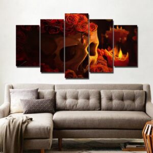 Skull and Pink Roses in Candlelight - Abstract 5 Panel Canvas Art Wall Decor