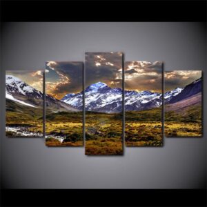 Sky Ice Mountains Grassland - Nature 5 Panel Canvas Art Wall Decor