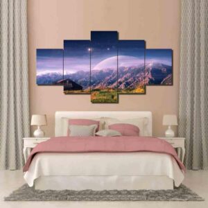 Sky Planets House And Mountain - Nature 5 Panel Canvas Art Wall Decor
