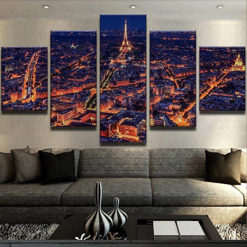 Skyline Of Paris Night View Lights Up - Nature 5 Panel Canvas Art Wall Decor Skyline Of Paris Night View Lights Up - Nature 5 Panel Canvas Art Wall Decor