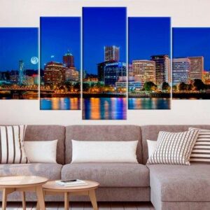 Skyline Portland Large Oregon Portland Cityscape - Nature 5 Panel Canvas Art Wall Decor