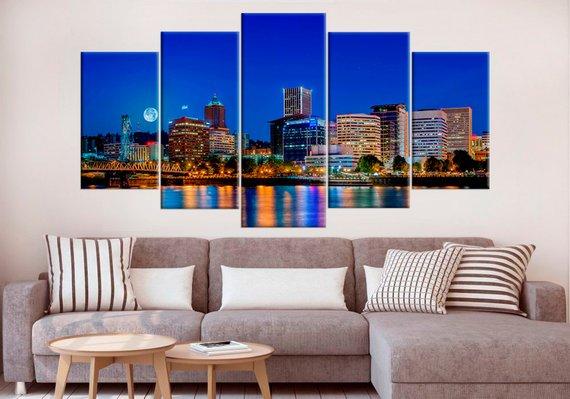 Skyline Portland Large Oregon Portland Cityscape - Nature 5 Panel Canvas Art Wall Decor Skyline Portland Large Oregon Portland Cityscape - Nature 5 Panel Canvas Art Wall Decor