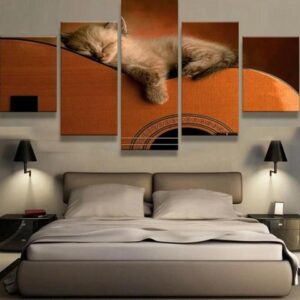 Sleepy Cat On Guitar - Animal 5 Panel Canvas Art Wall Decor