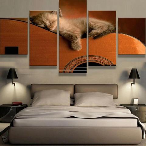 Sleepy Cat On Guitar - Animal 5 Panel Canvas Art Wall Decor Sleepy Cat On Guitar - Animal 5 Panel Canvas Art Wall Decor