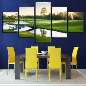 Small Bridge Green Grass Sunshine - Nature 5 Panel Canvas Art Wall Decor