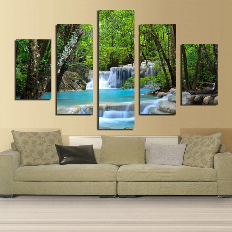 Small Waterfall In The Woods - Nature 5 Panel Canvas Art Wall Decor Small Waterfall In The Woods - Nature 5 Panel Canvas Art Wall Decor