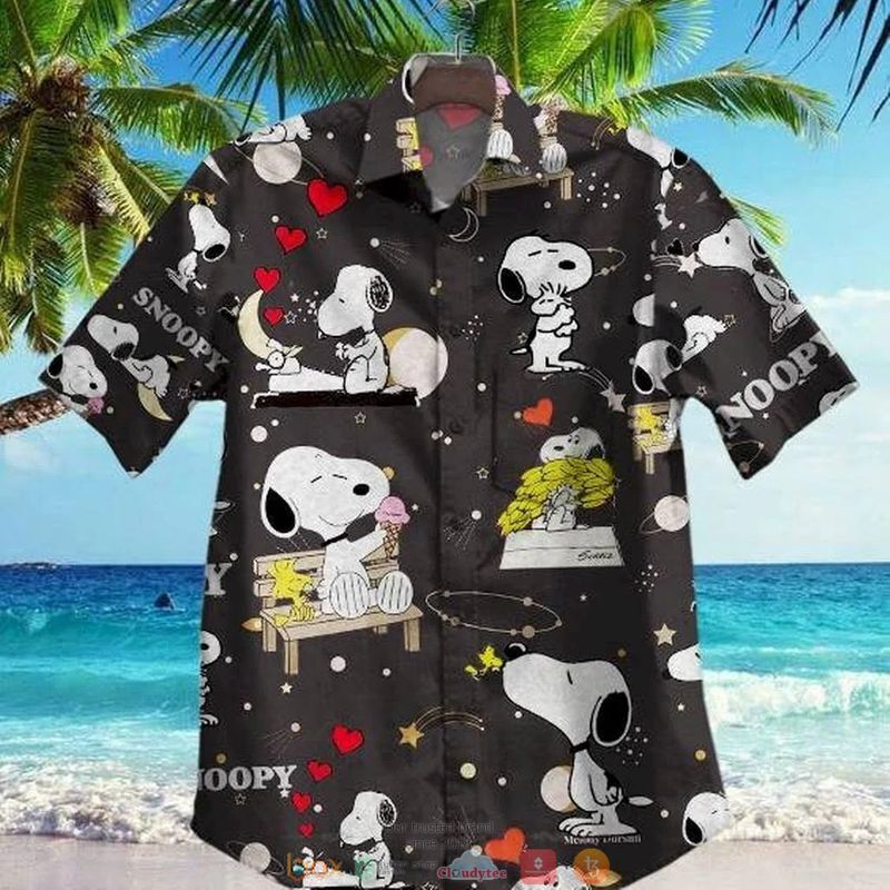 Snoopy Heart Black Hawaiian Shirt Snoopy Heart Black Hawaiian Shirt