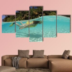 Snorkeler Diving In Blue Lagoon - Sport 5 Panel Canvas Art Wall Decor