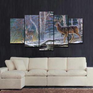 Snow Deer Couple In Forest - Animal 5 Panel Canvas Art Wall Decor