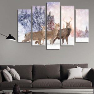 Snow Deer - Animal 5 Panel Canvas Art Wall Decor