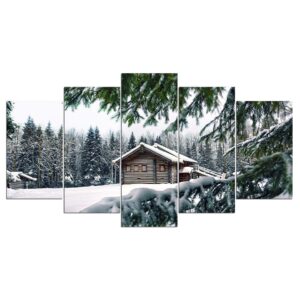 Snow Forest Cottage - Nature 5 Panel Canvas Art Wall Decor