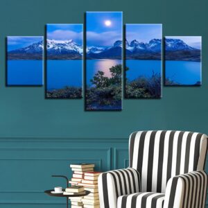 Snow Mountain Blue Sky White Cloud Lake - Nature 5 Panel Canvas Art Wall Decor