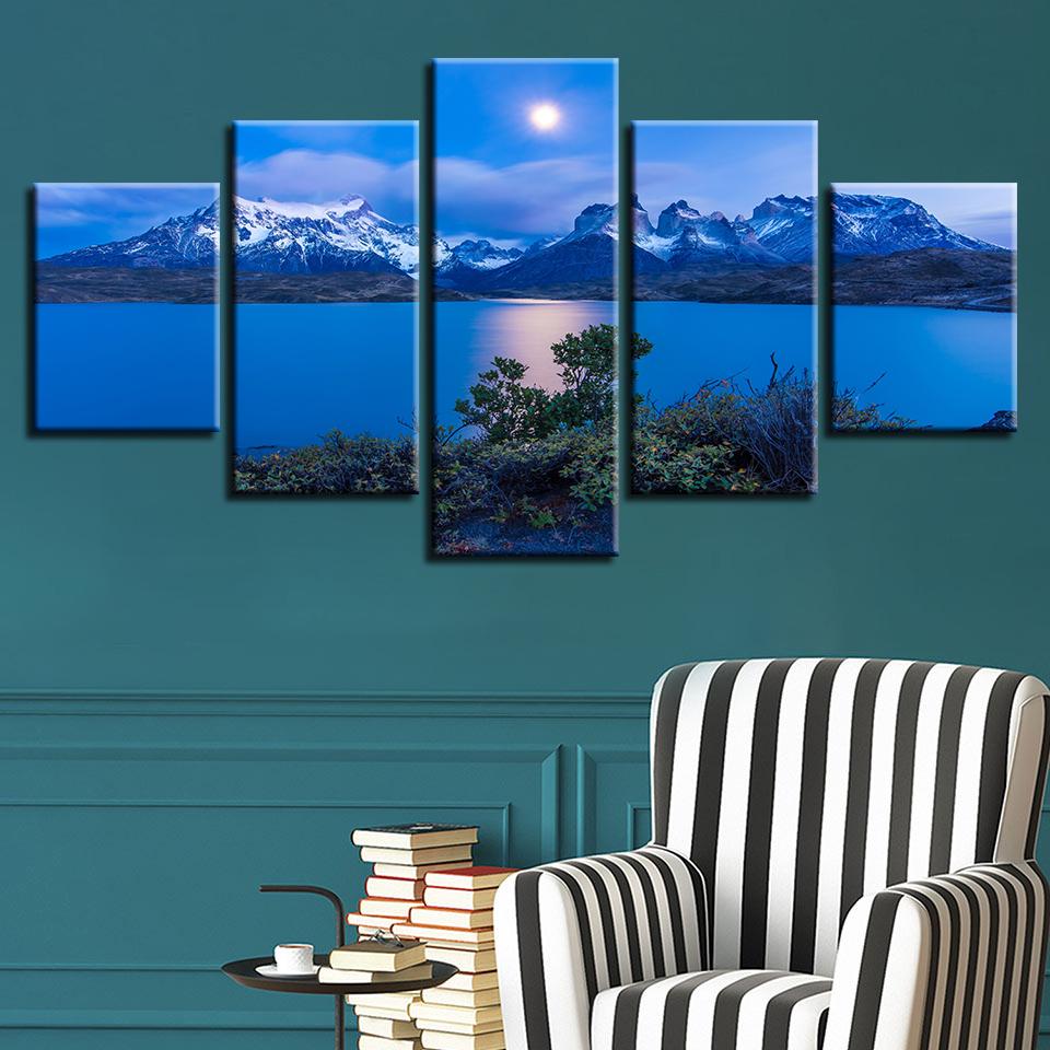 Snow Mountain Blue Sky White Cloud Lake - Nature 5 Panel Canvas Art Wall Decor Snow Mountain Blue Sky White Cloud Lake - Nature 5 Panel Canvas Art Wall Decor