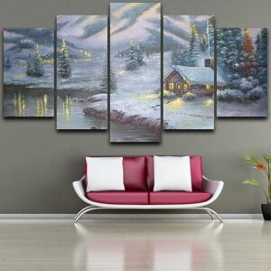 Snow Mountain Cabin 01 - Nature 5 Panel Canvas Art Wall Decor