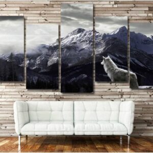 Snow Mountain Gray Wolf - Animal 5 Panel Canvas Art Wall Decor